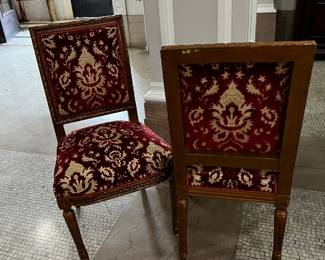 Pair of Antique Chairs Upholstered in Red Brocade Fabric