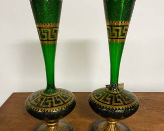 Antique Pair of Bohemian Green Glass Vases