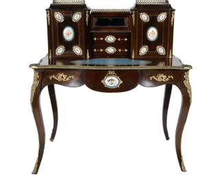 Napoleon III porcelain-mounted  bonheur du jour / writing desk in mahogany. Dimensions:  46.5" High x 43.5" Wide x 25" Deep
