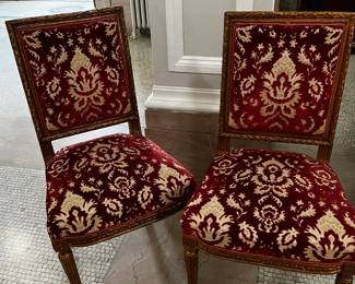 Pair of Antique Chairs Upholstered in Red Brocade Fabric