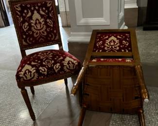 Pair of Antique Chairs Upholstered in Red Brocade Fabric