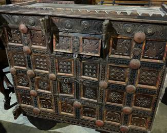 Antique Painted And Carved Wood Rolling Cabinet with Mirrored Accents - 45.5" x 48" x 24" 