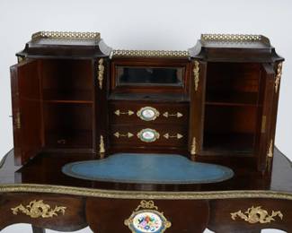 Napoleon III porcelain-mounted  bonheur du jour / writing desk in mahogany. Dimensions:  46.5" High x 43.5" Wide x 25" Deep
