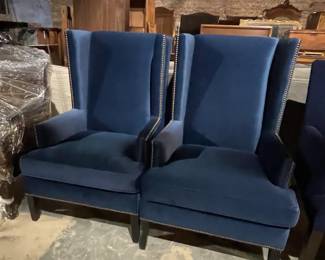 Set of Two Blue Fabric Covered Side Chairs