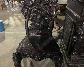 Japanese Carved Chair Featuring Hand-carved Beasts with Shell-inlaid Eyes