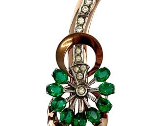 Mid Century Faux Emerald Sterling Flower Brooch

