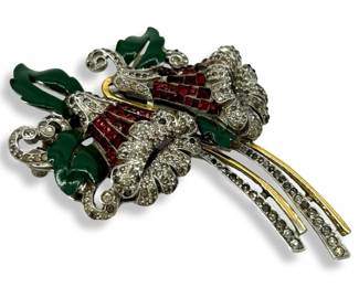 Coro Duette Rhinestone Enamel Flower Brooch
