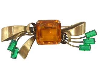 Mid Century Sterling Faux Amber & Emerald Brooch
