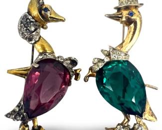 Old Sterling Rhinestone Jelly Belly Geese Pin Set
