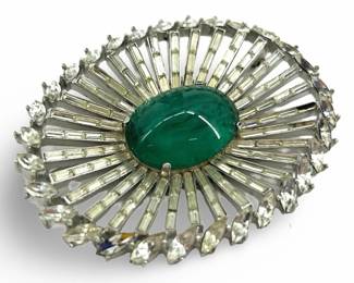 Rare Crown Trifari Flawed Emerald Crystal Brooch
