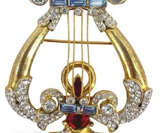 Coro Craft Sterling Rhinestone Lyre Brooch
