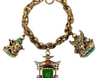 Victorian Brass Intaglio Glass Charm Bracelet
