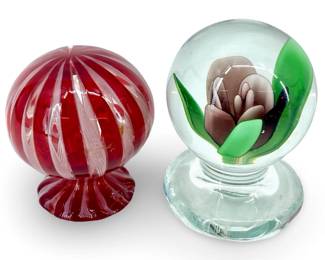 2pc Art Glass Flower & Candy Striped Paperweights
