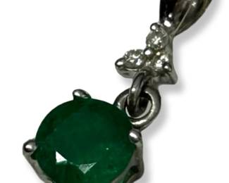 14k White Gold Emerald & Diamond Pendant
