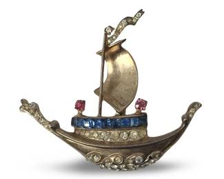 Vintage Sterling Coro Rhinestone Ship Brooch
