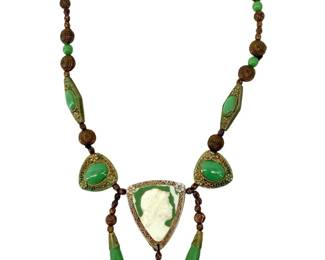 Czech Green Painted Brass Cameo Necklace
