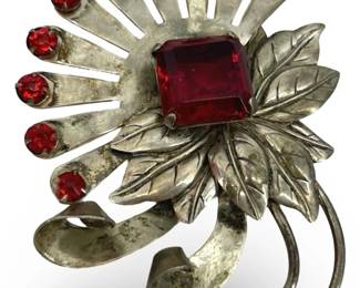 Vintage Brookraft Sterling Silver & Red Gem Brooch
