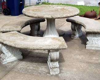 Concrete Round Pedestal Patio Table, 30" x 42" Diameter, With Matching Benches, Qty 3, 17.5" x 46" x 16", And Umbrella Stand With 1.5" Opening