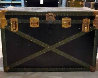 Brass And Wood Steamer Trunk, 24" x 36" x 21", With Tray Insert