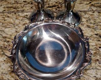 Duchin Creations Weighted Sterling Silver 3" Tapered Candle Stick Holders, Qty 2, And Webster Wilcox International Silver Co. Joanne 7248 Round Serving Tray
