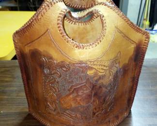 Davis Baskets Handled Picnic Basket, 17" x 21" x 12", Fruit Collection Basket, Wood Boxes, Qty 2, Handled Tooled Leather Bag, And 7" Brass Pail, Total Qty 7