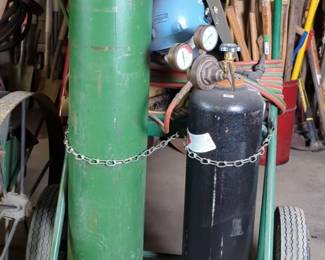 Oxygen Acetenyl Torch Setup Including Bottles, Hoses, Gauge And Torch, On 2-Wheeled Dolly
