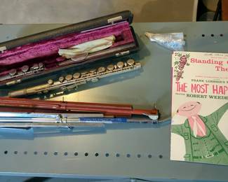 Bob Edson Wood Dulcimer, Arnold Flute With Case, Model 1355, Music Stands, Qty 4, And Sheet Music, Qty 2