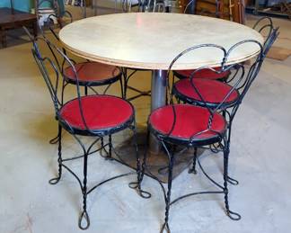Wrought Iron And Wood Ice Cream Parlor Style Chairs, Qty 6, And Round 42" Pedestal Game Table