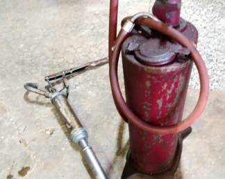 Vintage Hand Pump Grease Container, 30" x 14" x 10", And Oil Pump