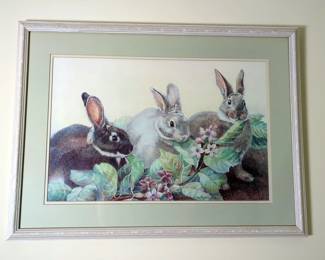 Ann Munson Signed Rabbit Print, Framed Matted Under Glass, 27" x 20"