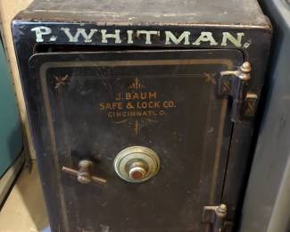 J. Baum Safe Ad Lock Co 1908 Heavy Duty Wheeled Steel Safe, With Outer Combination Lock And Inner Key Lock, 28.5" x 18" x 19", Combination And Key Present