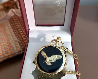 Embassy By Gruen Quartz Pocket Watch With Chain, Timex Quartz Ironman Triathlon Watch, Avon #4 The First Buffalo Nickel 1913 Change Dish, And Small Padlocks With Keys, Qty 2