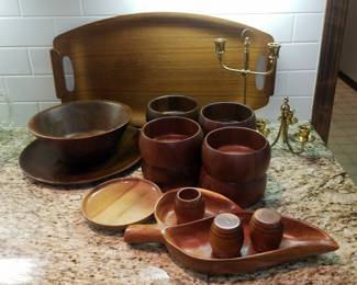 Japanese Teakwood Serving Tray, 25" x 12.5", Salad Bowls, Qty 8, Serving Plate, Serving Bowl, And More, Total Qty 16