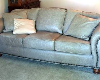 Thomasville 3 Cushion Leather Sofa With Nailhead Trim, Stainsafe Treated, 36" x 90" x 44", Includes Throw Pillows, Qty 3