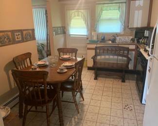 table with set of 4 chairs  /  dark pine bench