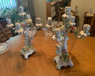 pair of 5 light porcelain, ceramic candelabras w/ putti