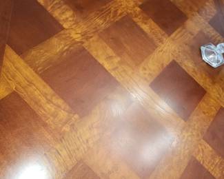 Table measures: 82" long (with one 13" leaf inserted) x 43" wide. Table w/ 2 13" leaves, 8 chairs (2 w/ arms) and pads. Dining table with chairs and china cabinet are AVAILABLE FOR PRE-SALE. Please contact us for pricing.