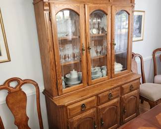 China cabinet measures: 78" tall x 56" wide x 19" deep. Dining table with chairs and china cabinet are AVAILABLE FOR PRE-SALE. Please contact us for pricing.