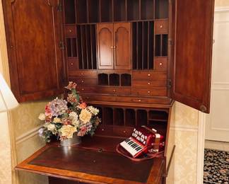 1990's Secretary Desk Armoire With Hand Carved Detail.