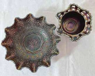 Fenton Carnival Glass Parisian Medallion Bowl Lattice Basket