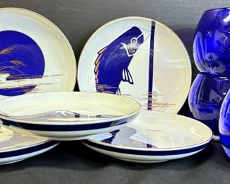 Cobalt Blue Etched Starburst Glass Candleholders Five AritaJapan Appetizer Plates