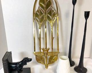 Cast Iron Candle Holders, Ethan Allen Wall Sconce, Heinrich Bone China Vase, Dachshund Bookend 