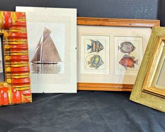 1900s Frank Beken Sailing Yacht Print, Two Antique Fish Prints, Two Picture Frames