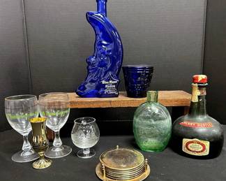 Blue Moon Reisling Decanter, Crystal Glasses, BrassToned Coasters,  More Barware