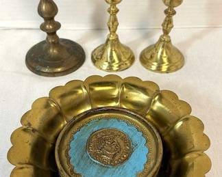 BrassToned Candlesticks, Bowl,  Coasters