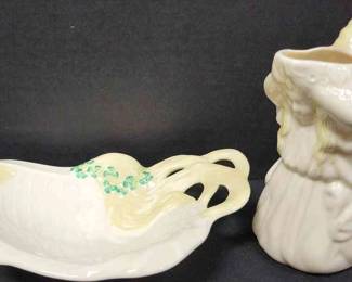 Belleek Ireland Art Nouveau Dish And Creamer Pitcher