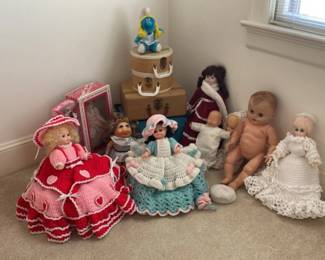 Mixed Lot Assorted Vintage Playroom Toys Decor  Barbie, Crochet, Trunks 