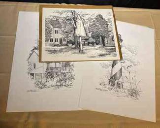 Black And White Sketch Print Trio Old Hayes Mill  Cape Hatteras Lighthouse By Gary J Palmer 