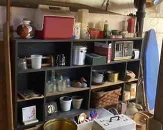 Mystery Shelf Lot Of Vintage Items Camping, Pottery, Glass  More 