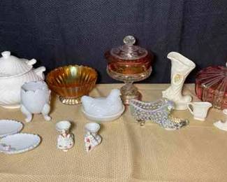 Vintage Fenton Hobnail Glass Shoe, Milk Glass Chicken, Cranberry Candy Dishes And More